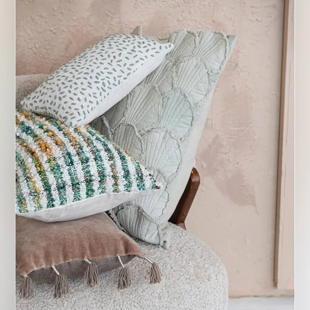Creative Co-Op Cotton Lumbar Pillow With Appliqued Quilted Seashells, Sage